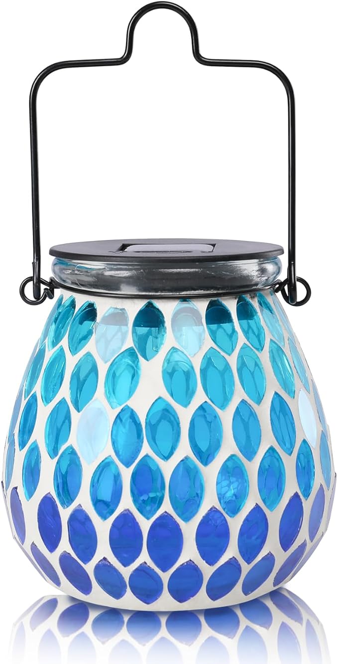 Afirst Mosaic Solar Lanterns - Glass Hanging Lights Hollow Out Waterproof Decorative for Garden, Patio, Holiday Party Outdoor Decoration, Blue-C, 5009420