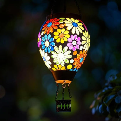 Starsoul Mosaic Flowers Hot Air Balloon Solar Lantern Glass Outdoor Hanging Hot Air Balloon Solar Flickering Flame Light Waterproof Garden Patio Yard Party Decorations Gifts for Women