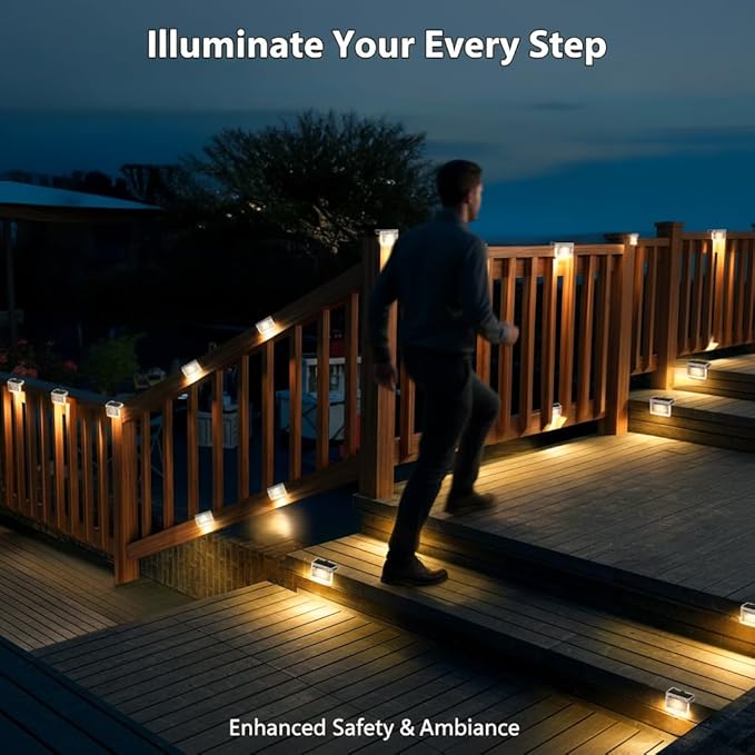 TIJNN Solar Deck Lights Outdoor Waterproof (6 Pack) – LED Solar Fence Lighting for Steps, Stairs, Railing, Patio & Backyard – Wireless Auto Dusk to Dawn Warm White Decor