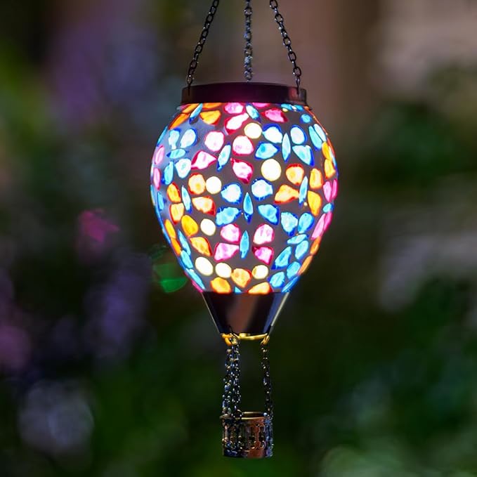 Mosica Hot Air Balloon Solar Lantern, Glass Hanging Solars Lanterns Outdoor Waterproof Decorative Solar Light for Garden, Yard, Patio Decor(Butterfly Pattern)