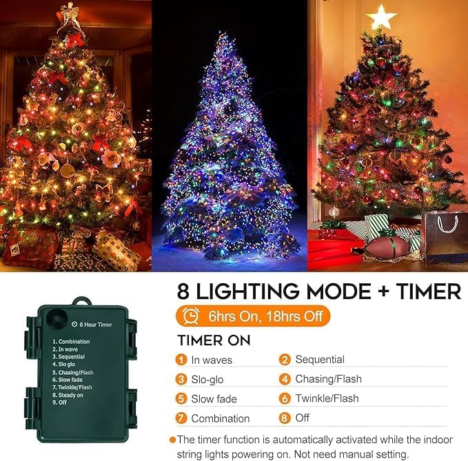 Battery Operated Christmas Lights, 33 FT 100 LED Mini String Lights with Timer and 8 Modes, Green Wire Outdoor String Lights for Tree Xmas Indoor Holiday Party Garden Decor, Multicolor 2pack
