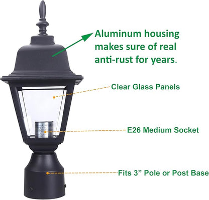 LIT-PaTH Outdoor Post Lighting Fixture Pole Lantern, E26 Medium Base Max 60W, Aluminum Housing Plus Clear Glass, Bulb Not Included, Matte Black Finish, 1-Pack