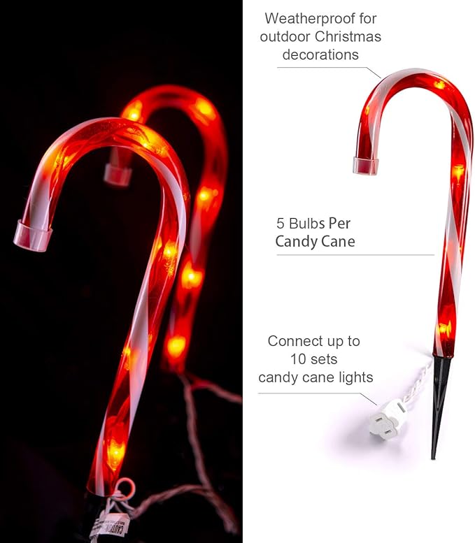 Christmas Candy Cane Lights Outdoor Pathway -10 Pack Lighted Candy Cane Pathway Markers Lights Walkway, 10 inch Candycane Christmas Sidewalk Outdoor for Yard Lawn Decorations