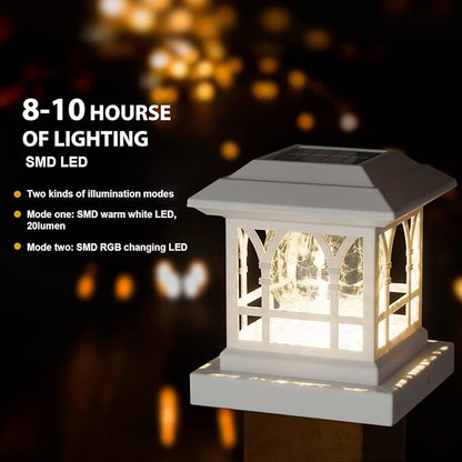 Solar Post Cap Lights, Warm White & RGB Automatic Cycling, Cracked Glass Bulb, 20 Lumens lP65 Waterproof Fit 3.6x3.6 4x4 4.5x4.5 5x5 Wood Fence Post Solar Powered Lights White (12 Pack)