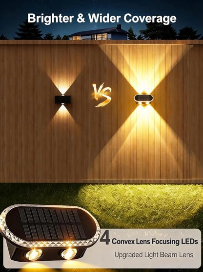 Fence Lights Solar Powered: Outdoor Wall Lighting IP65 Waterproof - Dual Focused LED Up Down - 3000K–6000K 3 Modes for Porch Backyard Patio - Diamond Crystal Cut Design 6 Pack