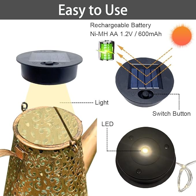 2 Pack Solar Watering Can String Lights - Round Solar Panel Outdoor Waterproof 32 Ft LED Copper Wire Hanging Lanterns Battery Box Replacement Accessories (Warm/Cold)