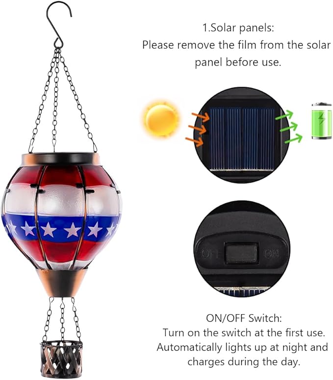 DREAMSOUL Flag Solar Hot Air Balloon Lantern with Flame, Hanging Solar Lanterns Outdoor Waterproof Glass Lantern Flag Day for Patio Decor, Fourth of July Decorations