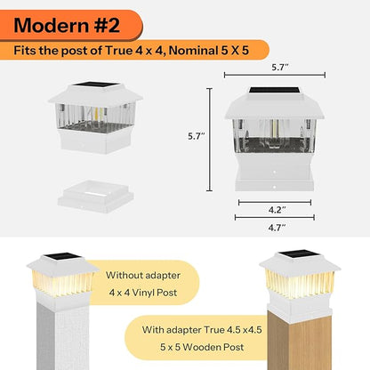 Solar Post Cap Lights 4 Pack, Modern #2: Fits True 4x4 Vinyl & 5x5 Wood Posts, 3 Color Temperature, 50 Lumen Waterproof Outdoor Lights for Deck Fence, Elegant White