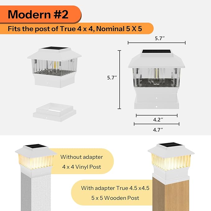 6 Pack Solar Post Cap Lights - Modern #2: Fits True 4x4 Vinyl & 5x5 Wood Posts, Bulk Savings, 3 Color Temp, 50 Lumen Waterproof Outdoor Lights for Deck Fence, Elegant White