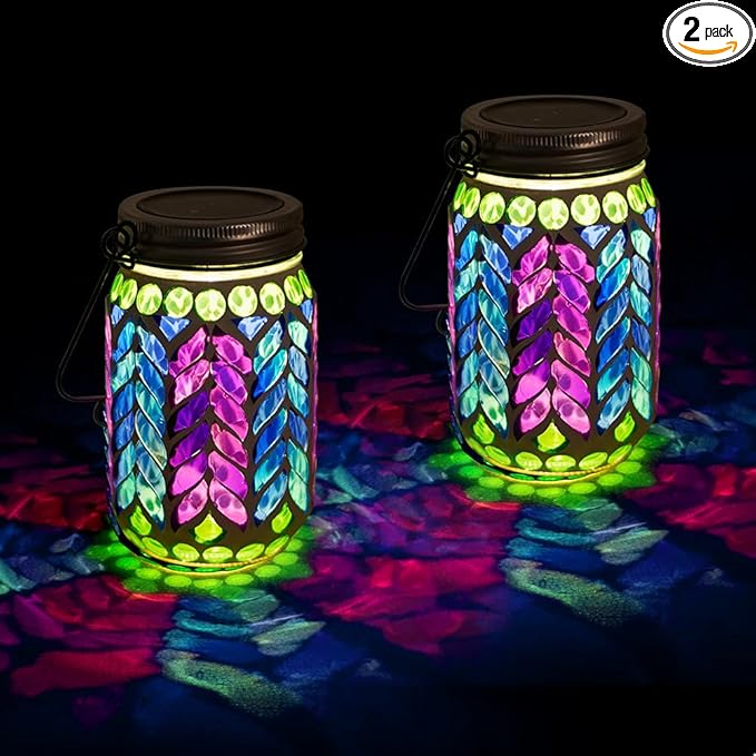2-Pack Mosaic Solar Yard Lanterns, Elegant Waterproof LED