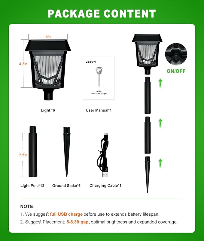 6-Pack Black Solar Path Lights, Outdoor Yard LED