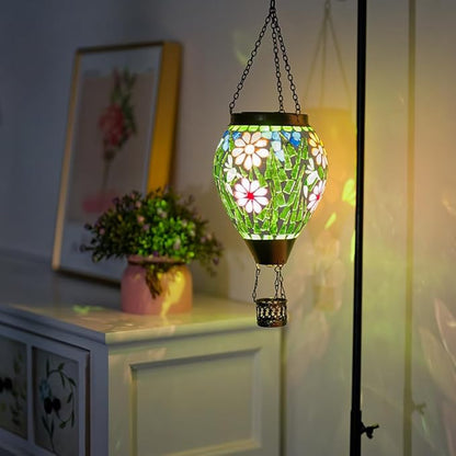 Mosica Hot Air Balloon Solar Lantern, Flower Pattern Glass Hanging Solars Lanterns Outdoor Waterproof Decorative Solar Light for Garden, Yard, Patio Decor