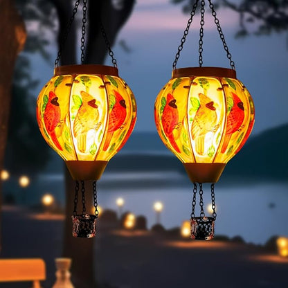 2 PCS Cardinal Hot Air Balloon Solar Lantern with Flickering Flame Light,Glass Hanging Solar Lights Outdoor Waterproof for Patio Yard Party Gift Decor
