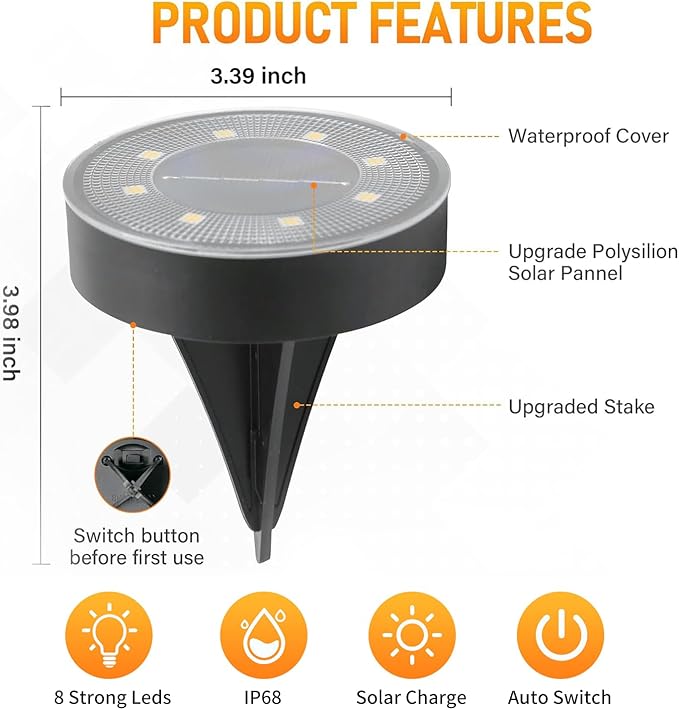 Ground Lights 8 Pack, IP68 Waterproof Solar Disc Lights for Outdoor, Flat Garden Light, In-Ground Light, Landscape Lighting for Pathway, Walkway, and Yard-8 Pcs (Warm White)