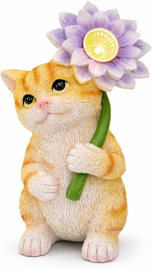 Solar Cat Garden Statue with LED Flower for Mom Woman – 6.5‘’ Hand-Painted Resin Outdoor Kitten Figurine, Automatic Night Light, Yard Patio Lawn Decor (Kitten)