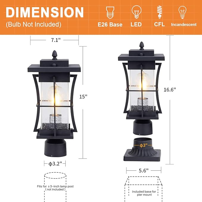 Post Lighting Fixture for Outdoor Posts, Black Waterproof