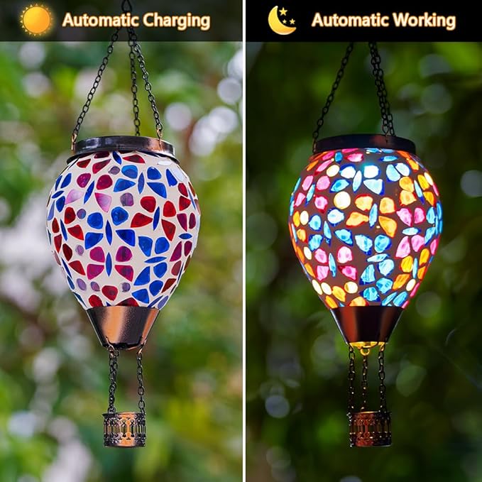 Mosica Hot Air Balloon Solar Lantern, Glass Hanging Solars Lanterns Outdoor Waterproof Decorative Solar Light for Garden, Yard, Patio Decor(Butterfly Pattern)