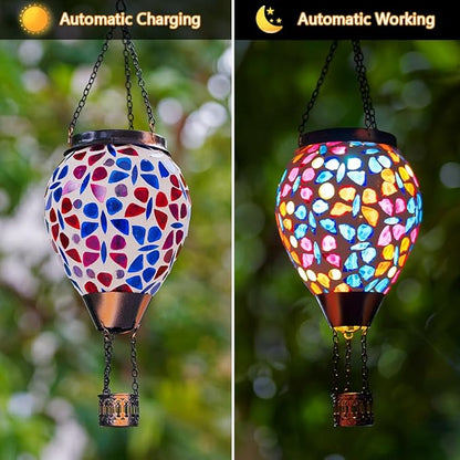Mosica Hot Air Balloon Solar Lantern, Glass Hanging Solars Lanterns Outdoor Waterproof Decorative Solar Light for Garden, Yard, Patio Decor(Butterfly Pattern)