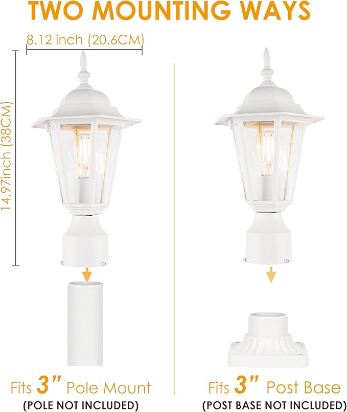 GRUENLICH Outdoor Post Light, White Waterproof Lamp Post Lights Fxiture, Aluminum Pole Lantern for Outside Yard Pathway Garden, 2 Pack