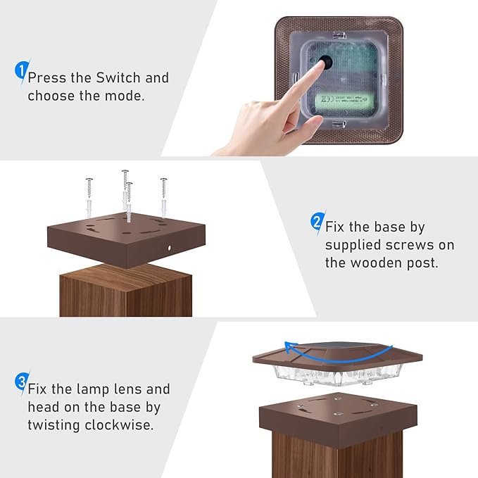 Peasur 4x4 Solar Post Cap Lights Outdoor with 3 Modes, 4 Packs Brown Fence Light Solar Powered Waterproof for 4x4 3.5x3.5 Wood/Vinyl Posts for Deck Yard Garden Patio Outside