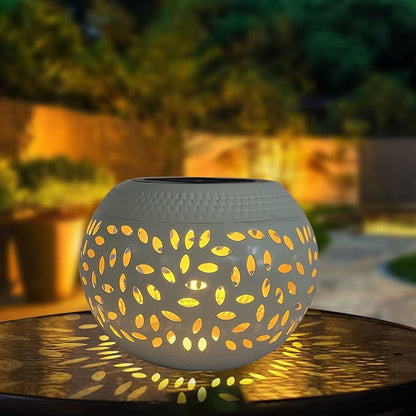 Solar Table Lantern Outdoor Waterproof- Solar Powered LED Light Hollowed-Out White Metal Desktop Decorative Lamp for Women Mom Indoor Desk Bedroom Patio Garden Pathway Yard Decor