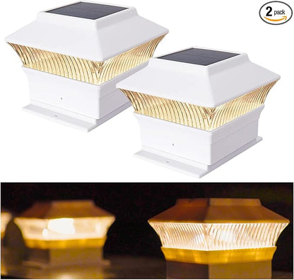 2 Pack Solar Post Cap Lights - Classic #1: for Flat Surfaces & 4x4 Vinyl, Also Fits 4x6 Wood (Sits-On-Top), 25 Lumen 3000K Warm White, Outdoor Deck Fence Light, Waterproof, Elegant White