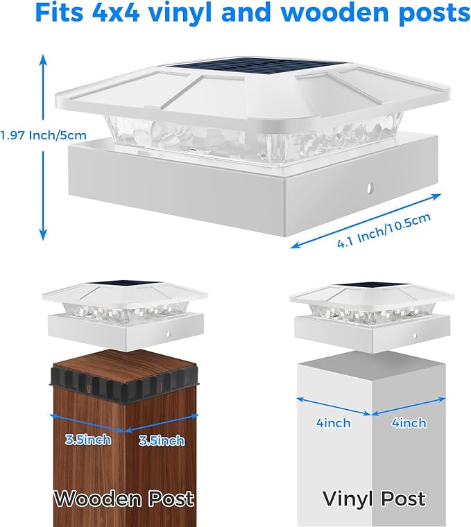 Peasur 6 Packs 4x4 Post Solar Lights with 3 Modes, Waterproof LED Solar Powered Cap Lights for 4×4/3.5×3.5 Wood/Vinyl Posts, White Post Top Lighting Outdoor for Fence Deck Mailbox Porch Railing