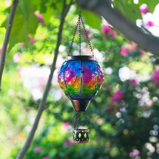 STARSOUL Solar Hot Air Balloon Lantern with Flickering Flame, Colorful Hanging Solar Lantern Outdoor Waterproof, Hot Air Balloon Solar Light Decorations for Garden Yard Lawn Porch Porch Backyard