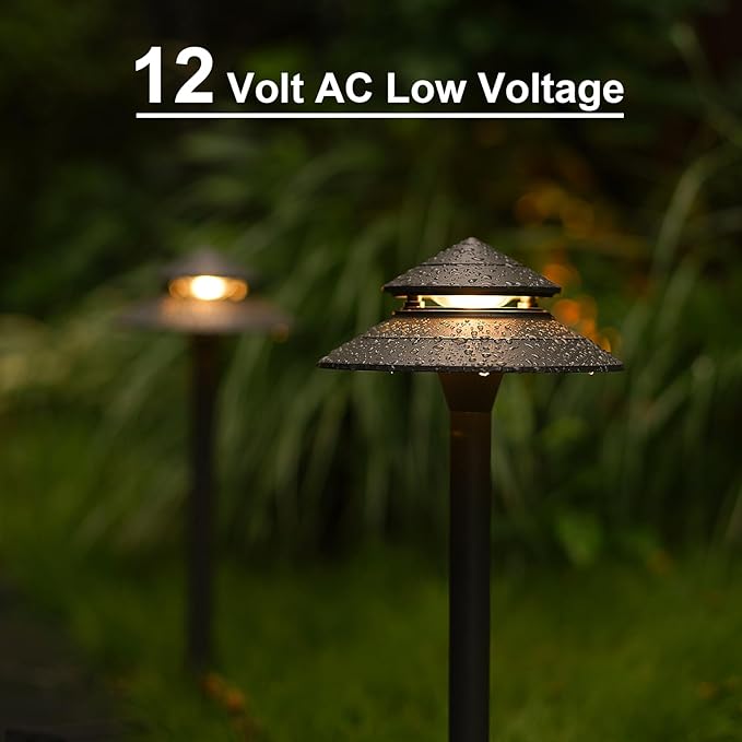 GOODSMANN Pathway Lights 3W LED 2PK Outdoor Low Voltage Landscape Lighting 180 Lumen Hardwired 2 Tier Pagoda Path Lights 3000K Warm White Metal 12V Electric Sidewalk Walkway Light with Connectors