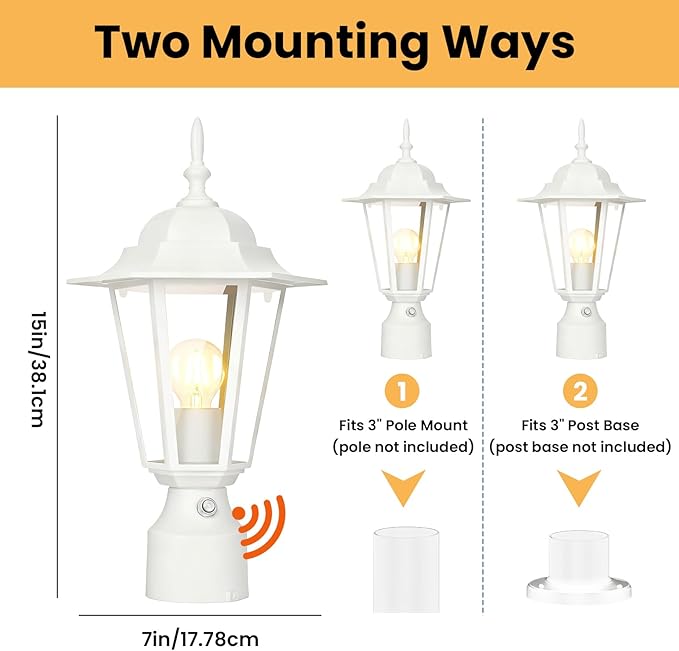 15" Dusk to Dawn Outdoor Post Light, Modern White Outdoor Lamp Post Light Fixture, Lamp Posts Exterior Lighting Pole Lantern for Outside Porch Garage Street, Waterproof Aluminum & Glass, 1 Pack, E26