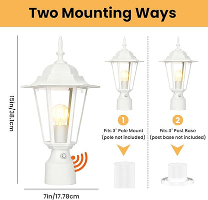 15" Dusk to Dawn Outdoor Post Light, Modern White Outdoor Lamp Post Light Fixture, Lamp Posts Exterior Lighting Pole Lantern for Outside Porch Garage Street, Waterproof Aluminum & Glass, 1 Pack, E26