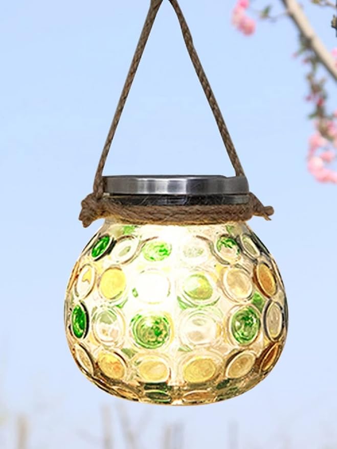 EpicGadget Outdoor Solar Globe Mason Jar Hanging Light - Solar Light LED Mason Jar Waterproof Solar Table Lamp Glass Garden Globe Light for Walkway Pathway Backyard Decoration Parties (Green/Yellow)
