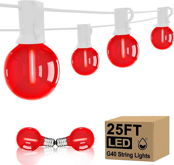 25FT G40 LED Valentine’s Day Outdoor String Lights, Red Valentines Decorations Lights with 27 Shatterproof Globe Bulbs, Hanging Patio Lights for Cafe Christmas Home Backyard Garden Party Wedding Decor