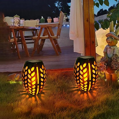 2PCS Solar Table Lanterns with Flickering Flame Light Outdoor Waterproof, Metal Desktop Decorative Lamp with Hollow Design for Tabletop Garden, 7.3" H Black Leaf