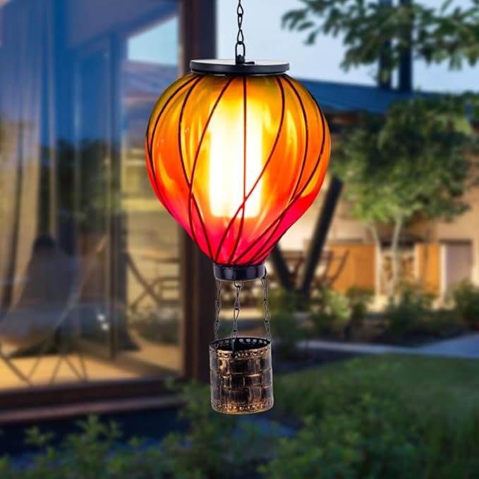 2PCS Colorful Solar Hot Air Balloon Lanterns with Flickering Flame LED Glass Hot Air Balloon Solar Lanterns Outdoor Waterproof Hanging Lights for Yard Garden Decor Mother Day Gifts for Women