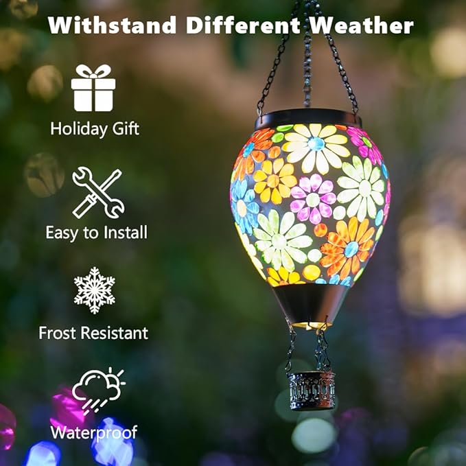 Starsoul Mosaic Flowers Hot Air Balloon Solar Lantern Glass Outdoor Hanging Hot Air Balloon Solar Flickering Flame Light Waterproof Garden Patio Yard Party Decorations Gifts for Women