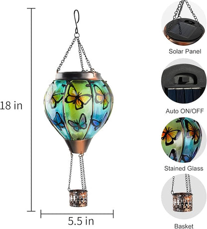 Larekook Butterfly Solar Hot Air Balloon Lantern with Flickering Flame,Glass Hot Air Balloon Solar Lanterns Outdoor Waterproof Hanging Light for Patio Porch Yard Garden Decor,Birthday Gifts for Women