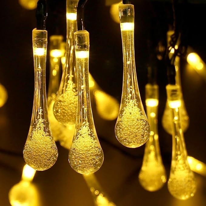 Solar String Light Outdoor Waterproof Solar Drop Lights,Water Drop Fairy Lights 13ft 20LEDs Solar Light with 8 Modes Solar Party Lights for Garden,Christmas Decorations (20ft 30LED Warm)