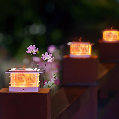 Dynaming 4 Pack Solar Post Cap Lights Outdoor with Flickering Flame Light, White Shell Fence Post Solar Lights Fit 4x4 5x5 Vinyl/Wooden Posts, Brightness LED Lighting Decor for Garden Deck Patio