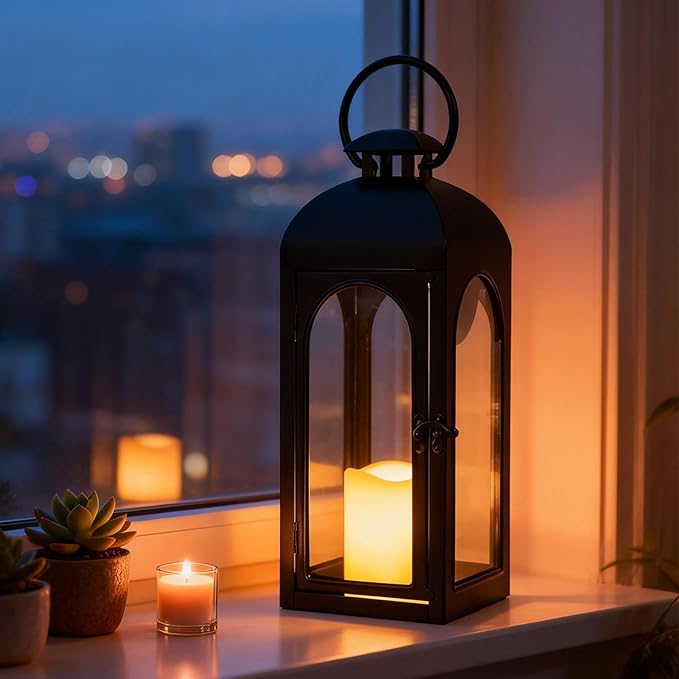 Decorative Candle Lanterns Outdoor Large 15.5“ Battery Powered Hanging Lanterns with Flameless Candle for Front Porch, Entrance, Indoor, Black, 1 Pack