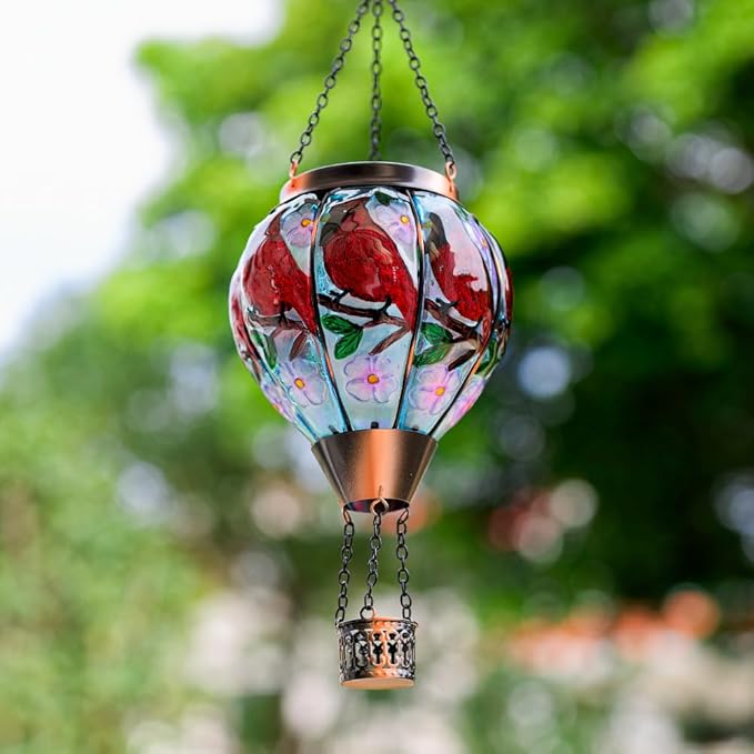 DREAMSOUL Cardinal Hot Air Balloon Solar Lantern, Hanging Solar Lanterns Outdoor with Flickering Flame Light, Glass Outdoor Lantern Waterproof for Patio Yard Party Gift Decor
