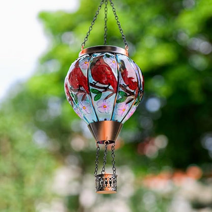 DREAMSOUL Cardinal Hot Air Balloon Solar Lantern, Hanging Solar Lanterns Outdoor with Flickering Flame Light, Glass Outdoor Lantern Waterproof for Patio Yard Party Gift Decor