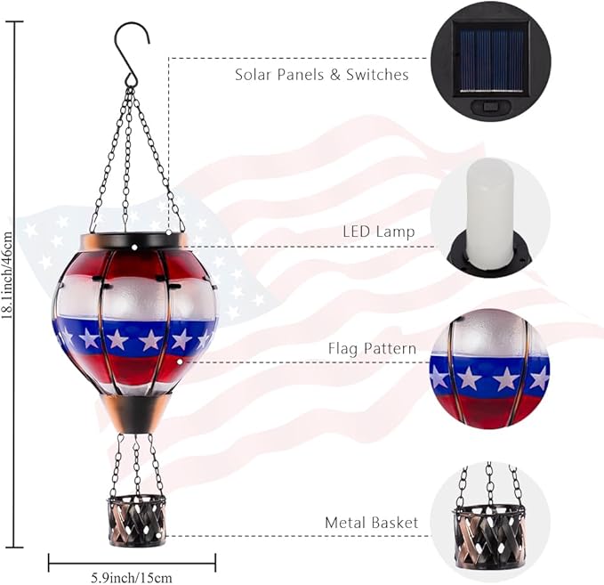 DREAMSOUL 2 PCS Flag Solar Hot Air Balloon Lantern with Flame, Hanging Waterproof Solar Lanterns Outdoor Waterproof Flag Day for Patio Garden Decor, Fourth of July Decorations