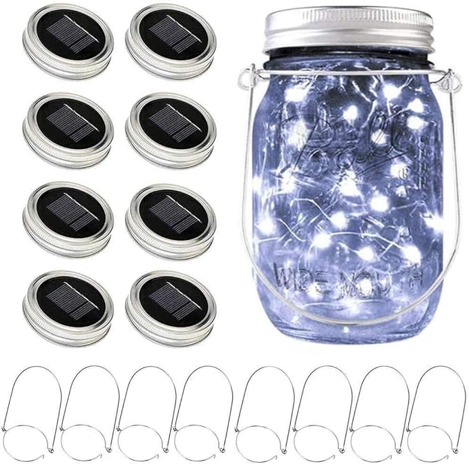 Solar Mason Jar Lights, 8 Pack 15 LED Waterproof Fairy Firefly Jar Lids String Lights with Hangers(NO Jars), Patio Yard Garden Wedding Easter Decoration - Cool White