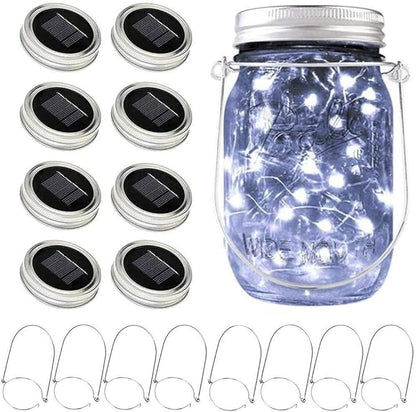 Solar Mason Jar Lights, 8 Pack 15 LED Waterproof Fairy Firefly Jar Lids String Lights with Hangers(NO Jars), Patio Yard Garden Wedding Easter Decoration - Cool White