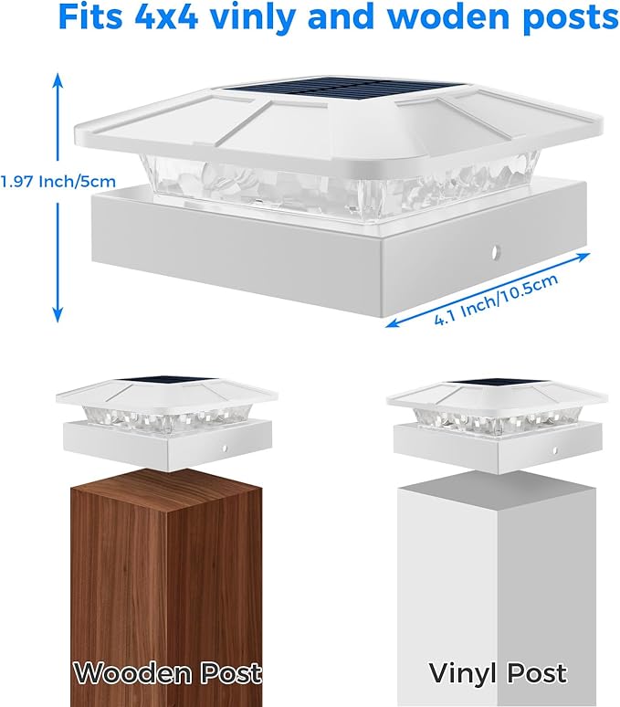 Peasur 4x4IN Solar Post Cap Lights Outdoor with 3 Modes, 4 Packs White Fence Light Solar Powered Waterproof for Wood/Vinyl Posts for Deck Yard Garden Patio Outside