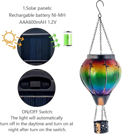 Starsoul Hot Air Balloon Solar Lantern with Flickering Flame Light Colorful Glass Hot Air Balloon Solar Light Waterproof Outdoor Hanging Solar Lantern for Yard Garden Patio Farmhouse Decor