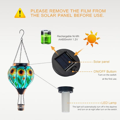 Starsoul 2 PC Sunflowers Hot Air Balloon Solar Lantern with Flame Glass Hanging Outdoor Hot Air Balloon Solar Light Waterproof Garden Patio Yard Party Decorations