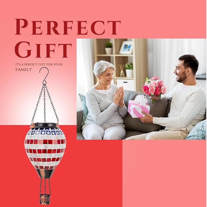 Flag Hot Air Balloon Solar Lantern, Mosica Glass Hanging Solar Lanterns Outdoor Waterproof for Garden, Yard, Patio Decor