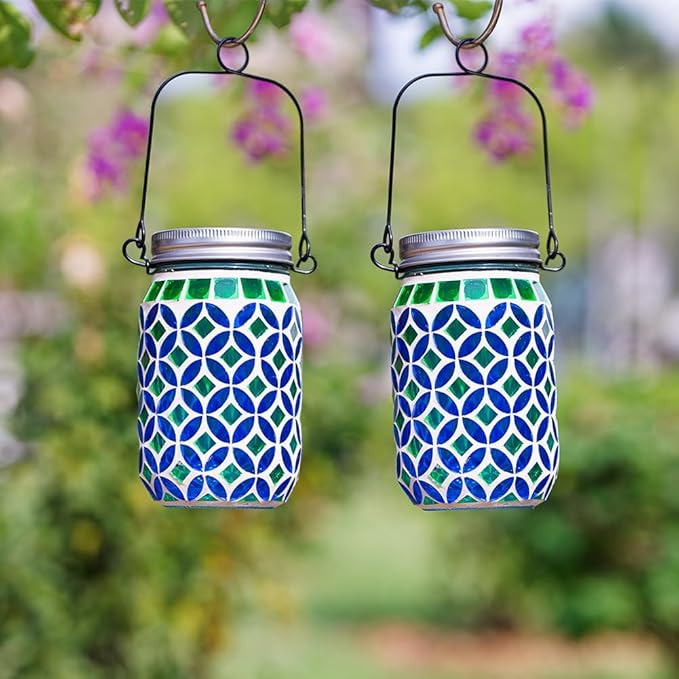 Stargarden 4 Pack Mosaic Solar Lantern , Outdoor Hanging Lantern Waterproof Table Lamp Mosaic Night Light for Tree, Garden, Patio, Yard, Outdoor(Blue Green)